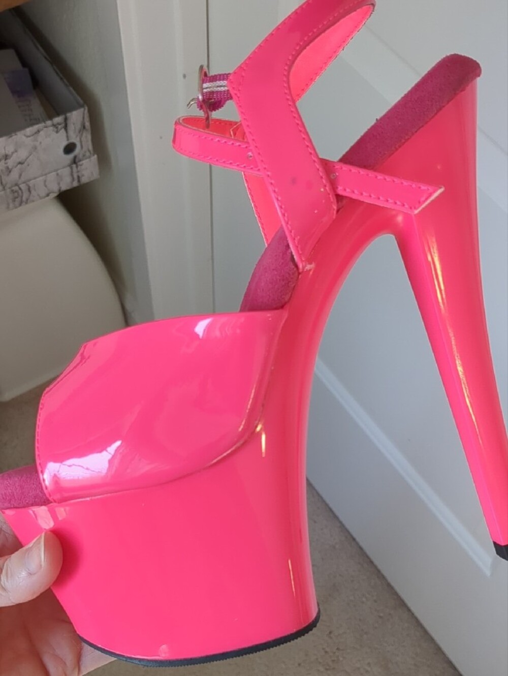 Pleaser Neon Pink 7" Platform Heels with Ankle Strap - Picture 9 of 14